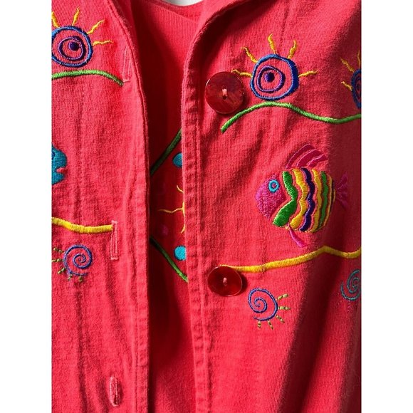 Fine Line Womens Shift Dress Jacket Set Multicolor Fish Embroidered Cotton M - Picture 5 of 12